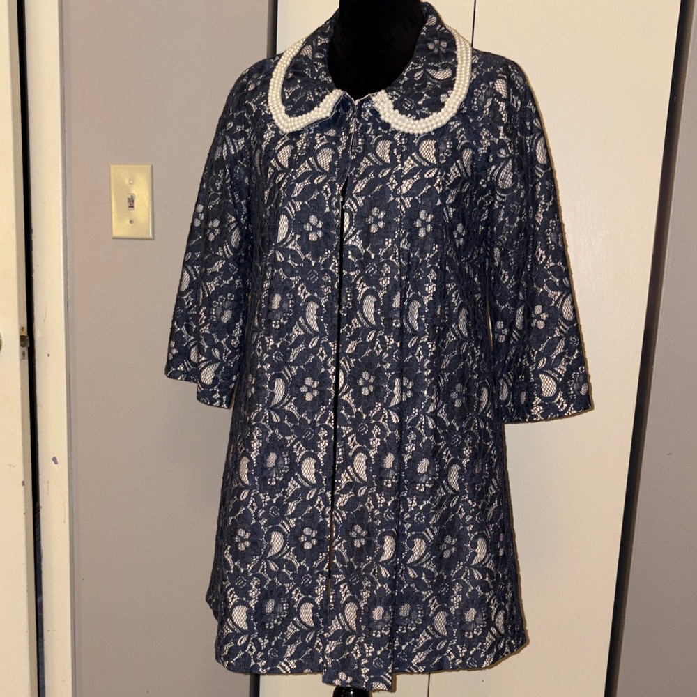 by Stella Pearl Collar Navy Lace over Cream Satin 3/4 Sleeve Dress Coat Size M
